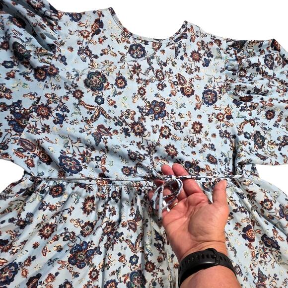 Blue Floral Boho Dress Sz Large BOG Collective Blue Mini Casual Cottage Romantic - Picture 6 of 9